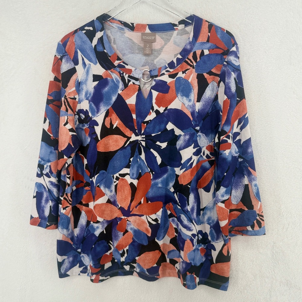 Chico's Floral Top Womens Size 2 Large Blue Orange Abstract Keyhole 3/4 Sleeve